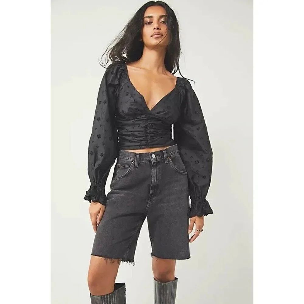 NEW FREE PEOPLE Sz L BELLA EYELET TOP IN BLACK